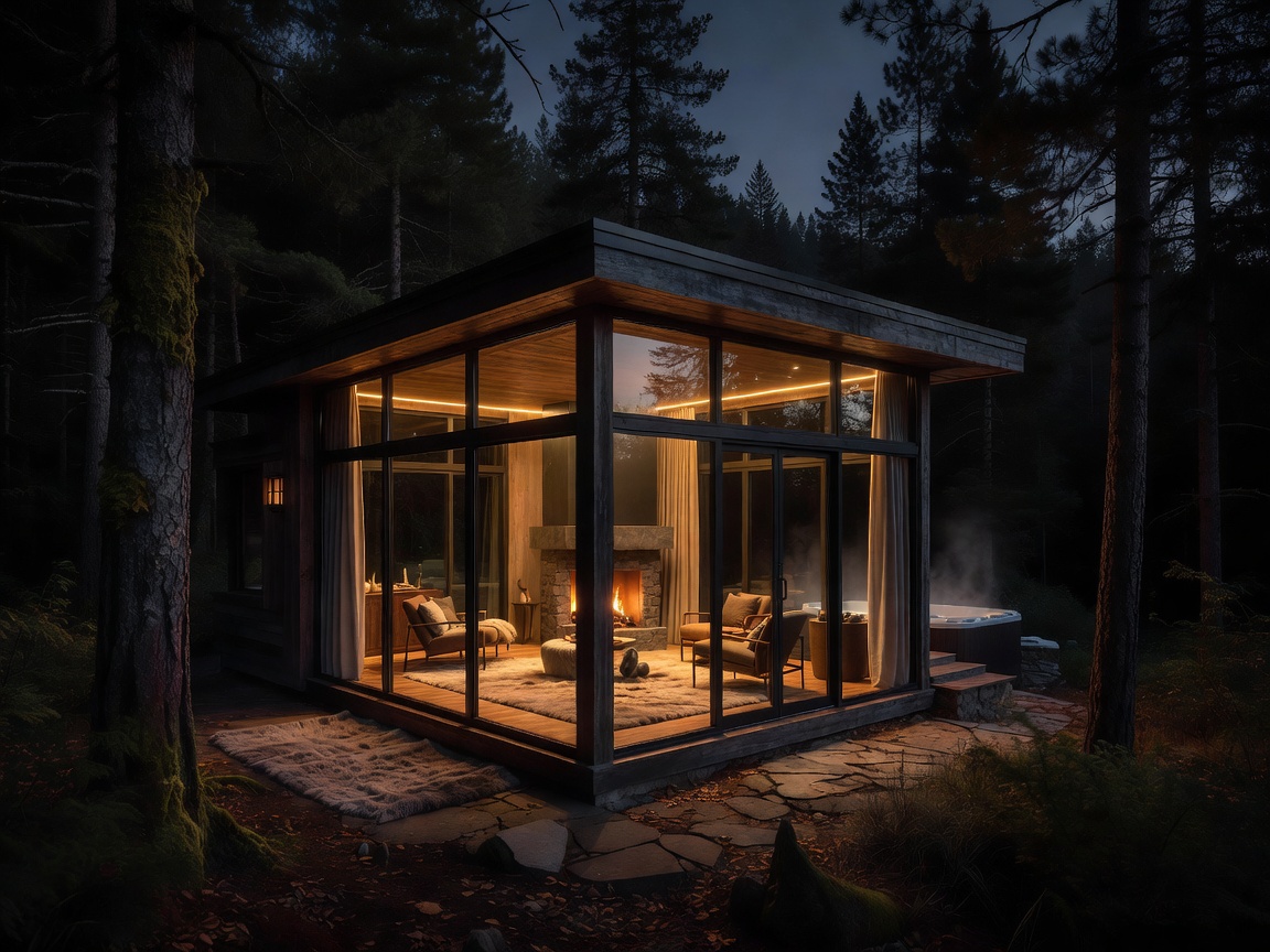 Illuminated glass retreat at dusk with dark forest beyond its windows