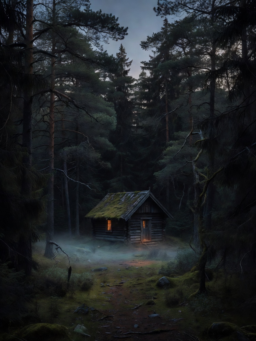 Remote timber cabin surrounded by dark trees as evening falls