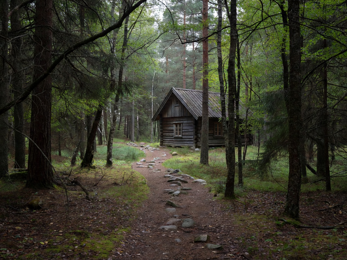 Established footpath passing through woodland toward a timber retreat