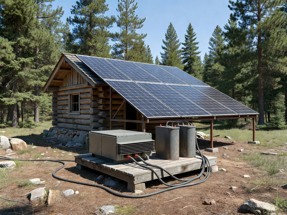 Solar panels and utility equipment beside a small remote timber cabin