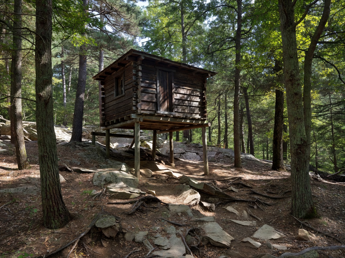 Compact raised cabin carefully positioned among rocks and woodland trees
