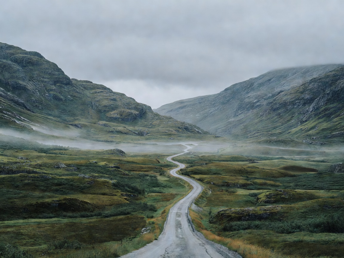 Remote valley road winding below dark Nordic mountain slopes